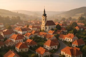 Pohled na českou vesnici s rodinnými domy a okolní přírodou za denního světla, symbolizující klidné bydlení mimo město.